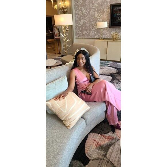 Express Size S Semi Formal Satin Jumpsuit Blush Pink Bow Tie Back Feminine New - Picture 4 of 15